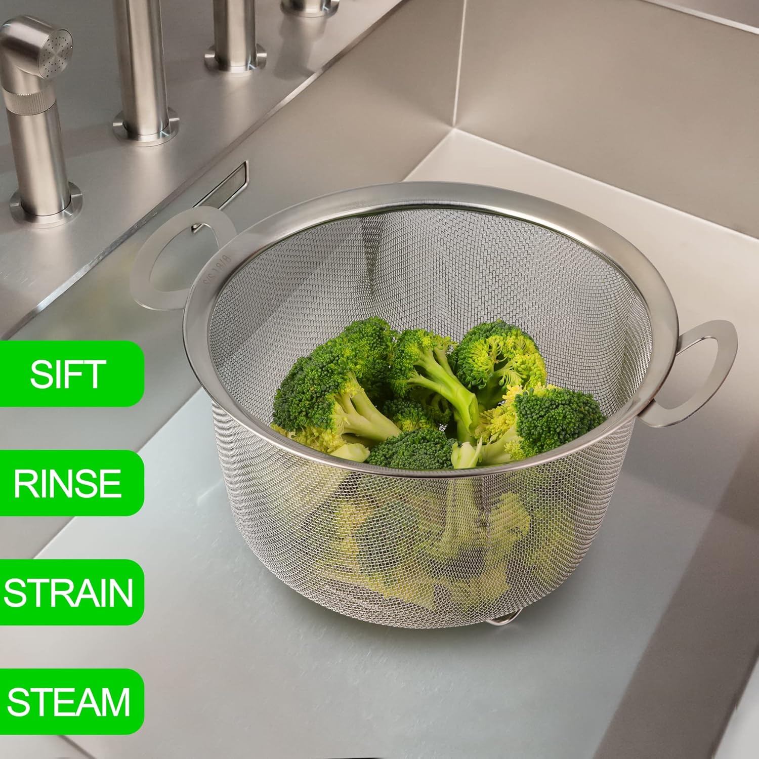 18/8 Stainless Steel Colander 2 Pack with Handles, Fine Mesh Strainer for Pasta and Vegetables X53096