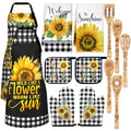 Bencailor 13 Pcs Bee Sunflower Kitchen Decor Set Include 5 Cute Wooden Spoons 2 Kitchen Towels 2 Kitchen Apron 2 Buffalo Plaid Oven Mitts 2 Bee Sunflower Pot Holders for Housewarming Gifts