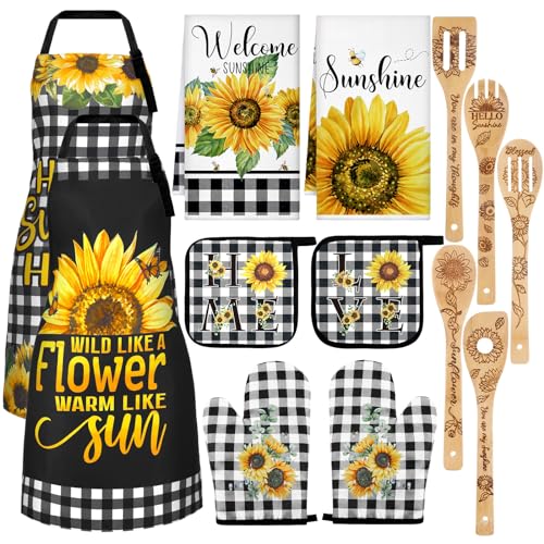 Bencailor 13 Pcs Bee Sunflower Kitchen Decor Set Include 5 Cute Wooden Spoons 2 Kitchen Towels 2 Kitchen Apron 2 Buffalo Plaid Oven Mitts 2 Bee Sunflower Pot Holders for Housewarming Gifts
