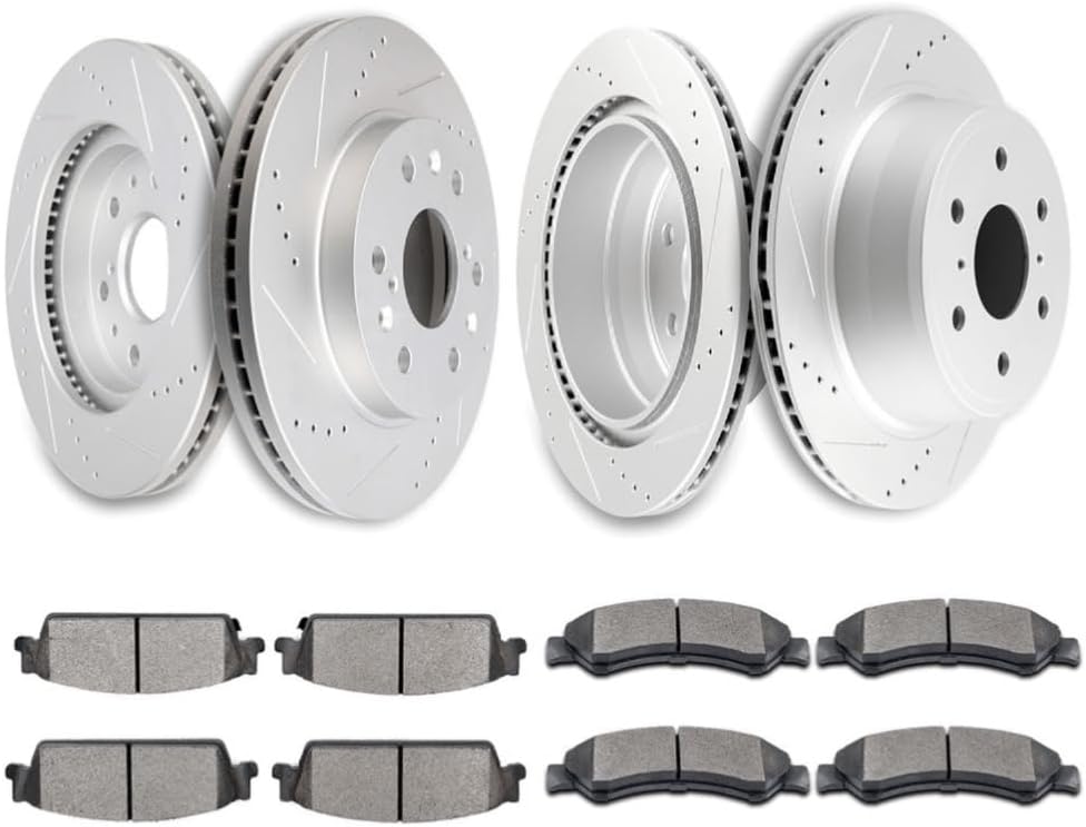Disc Brake Rotor and Ceramic Pad Set Kit Front Rear Side Zinc Plated Performance Drilled and Slotted E82630501CP
