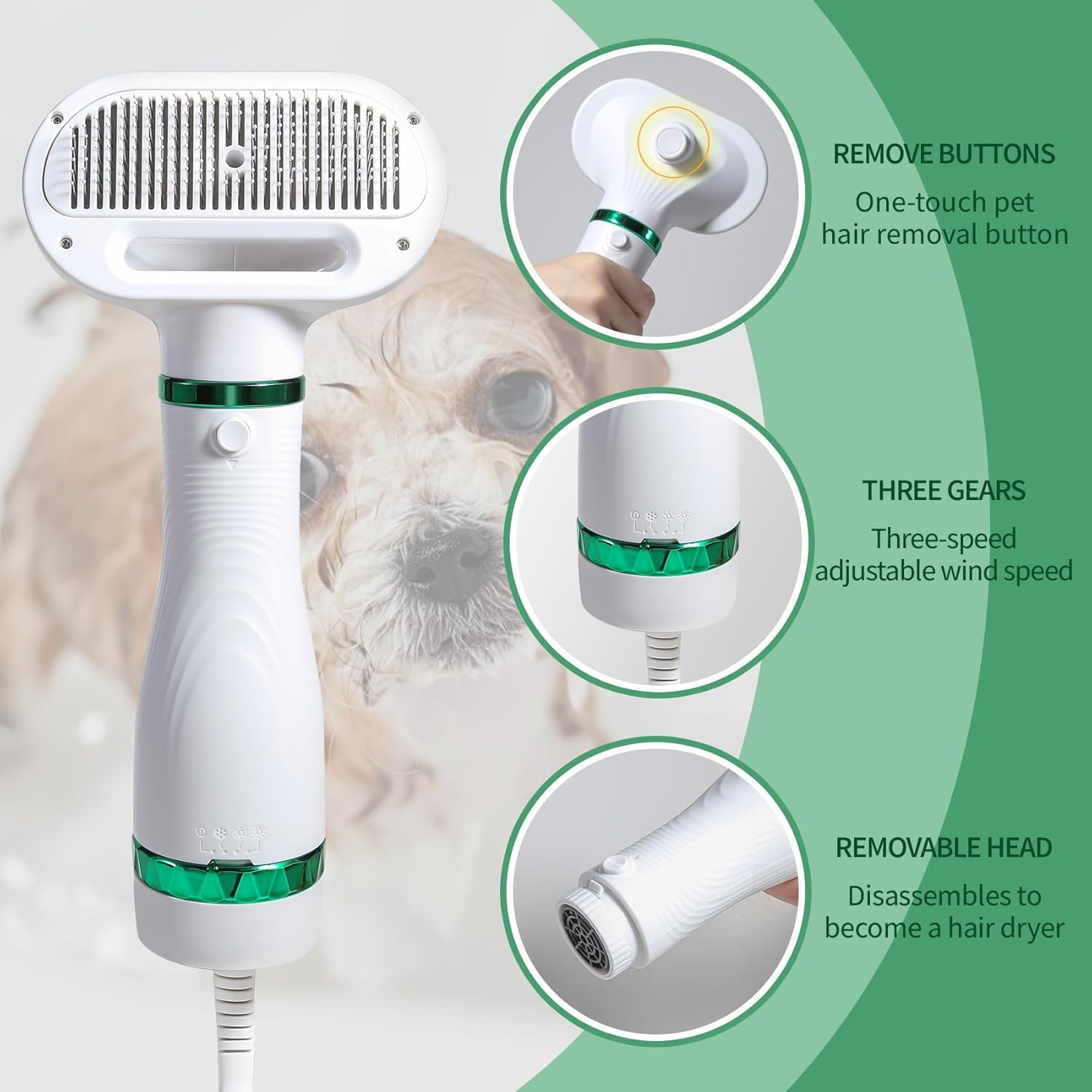 Pet Hair Dryer with Slicker Brush, 3 Heat Settings, Portable Dog Blower A1540