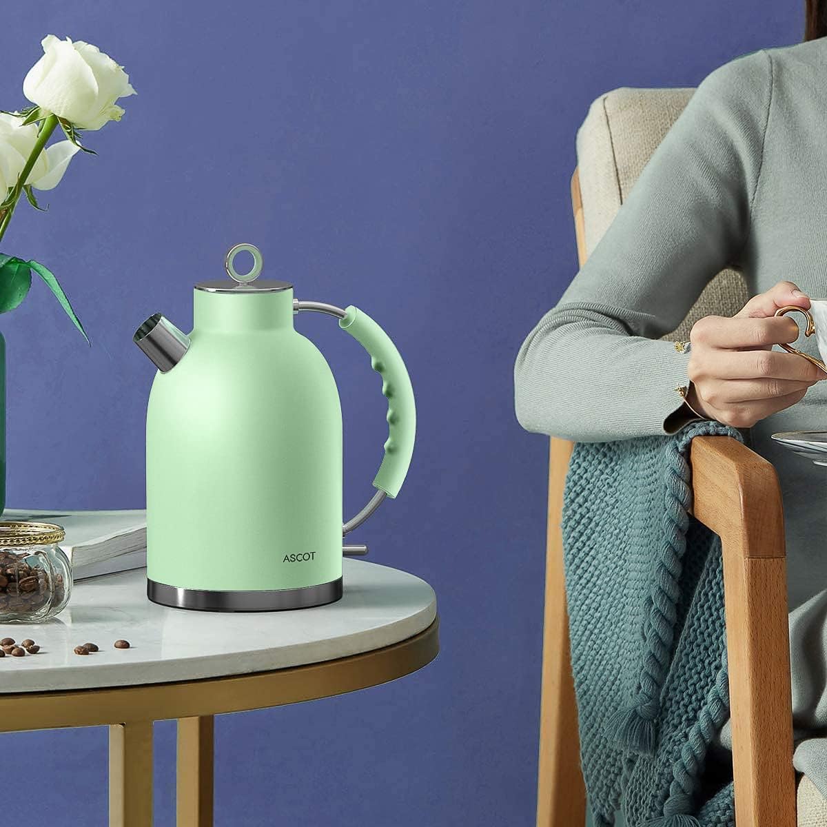 Electric Kettle ASCOT, Stainless Steel 1.5L Retro Tea Kettle, Auto Shut-Off, Matte Green W895250