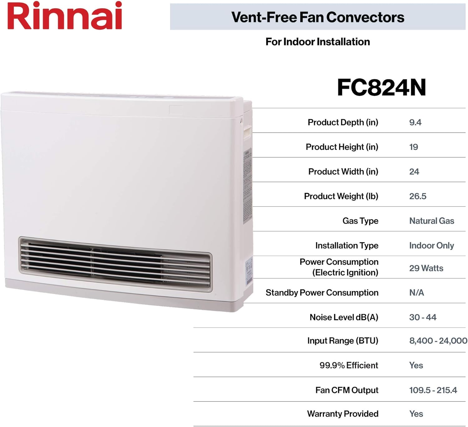 Rinnai FC824N Ventless Natural Gas Heater with Programmable Thermostat J33592