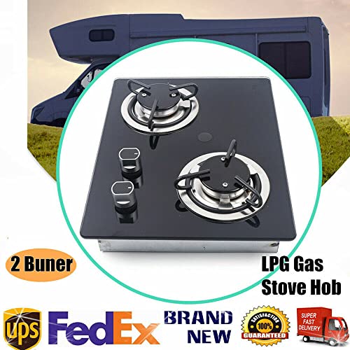2 Burner RV Cooktop Propane Stove, Tempered Glass Stainless Steel Gas Hob B70455