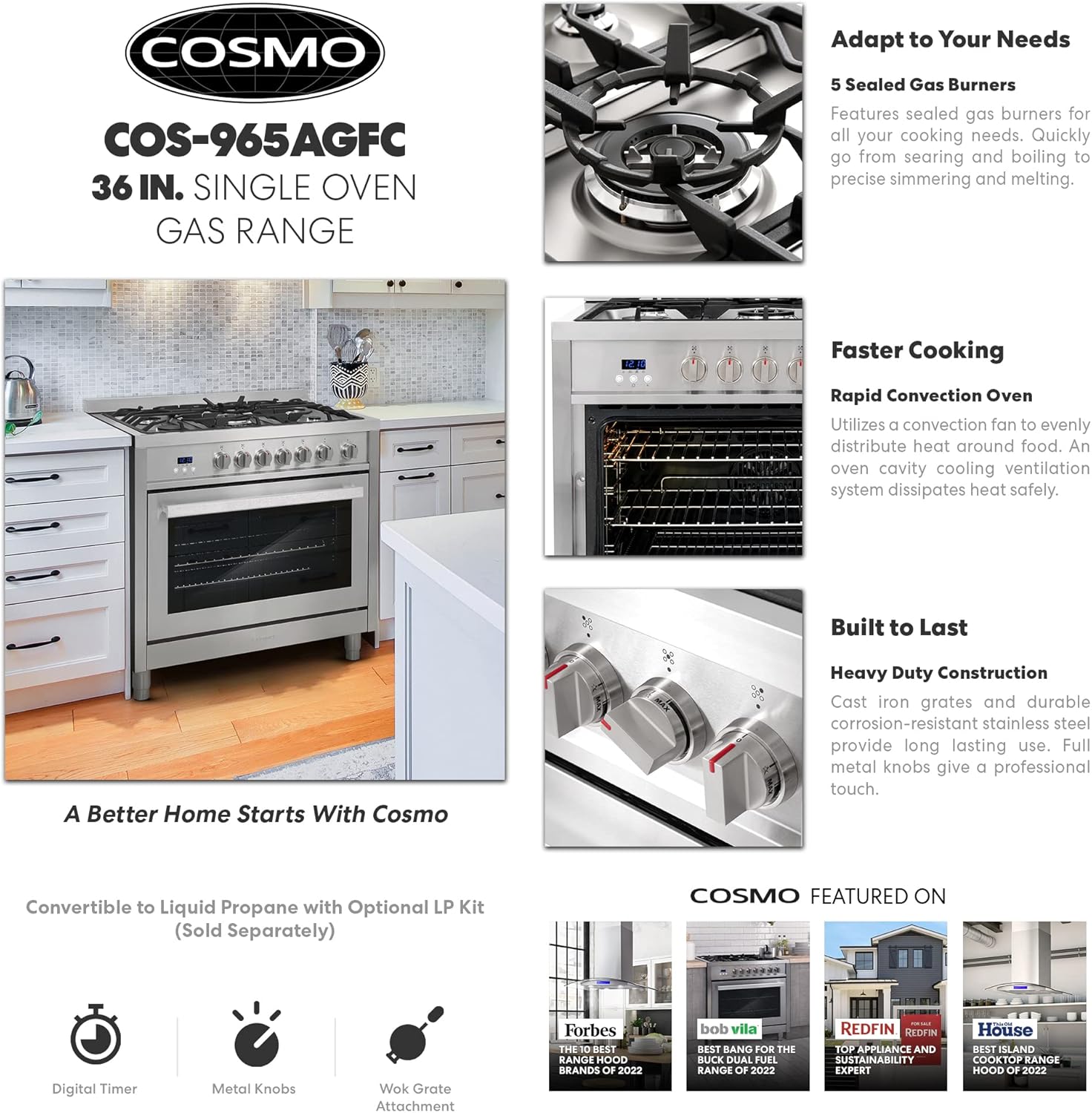 Cosmo COS-965AGFC 36 in. Gas Range with 5 Burner Cooktop, Stainless Steel D6909