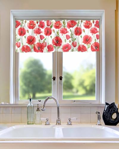 BUWOOGER Rod Pocket Window Valances Watercolor Red Poppy Flower White Short Kitchen Curtains 54x18IN, 1 Panel P92331