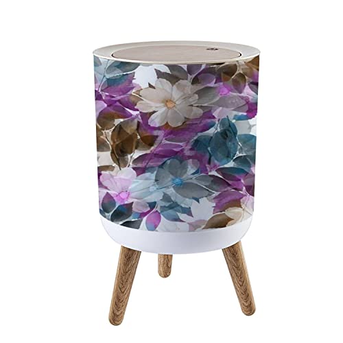 Small Trash Can with Lid for Bathroom Kitchen Office Diaper Nature flowers leaves seamless Realistic photo collage clip art Layer Bedroom Garbage Trash Bin Dog Proof Waste Basket Cute Decorative