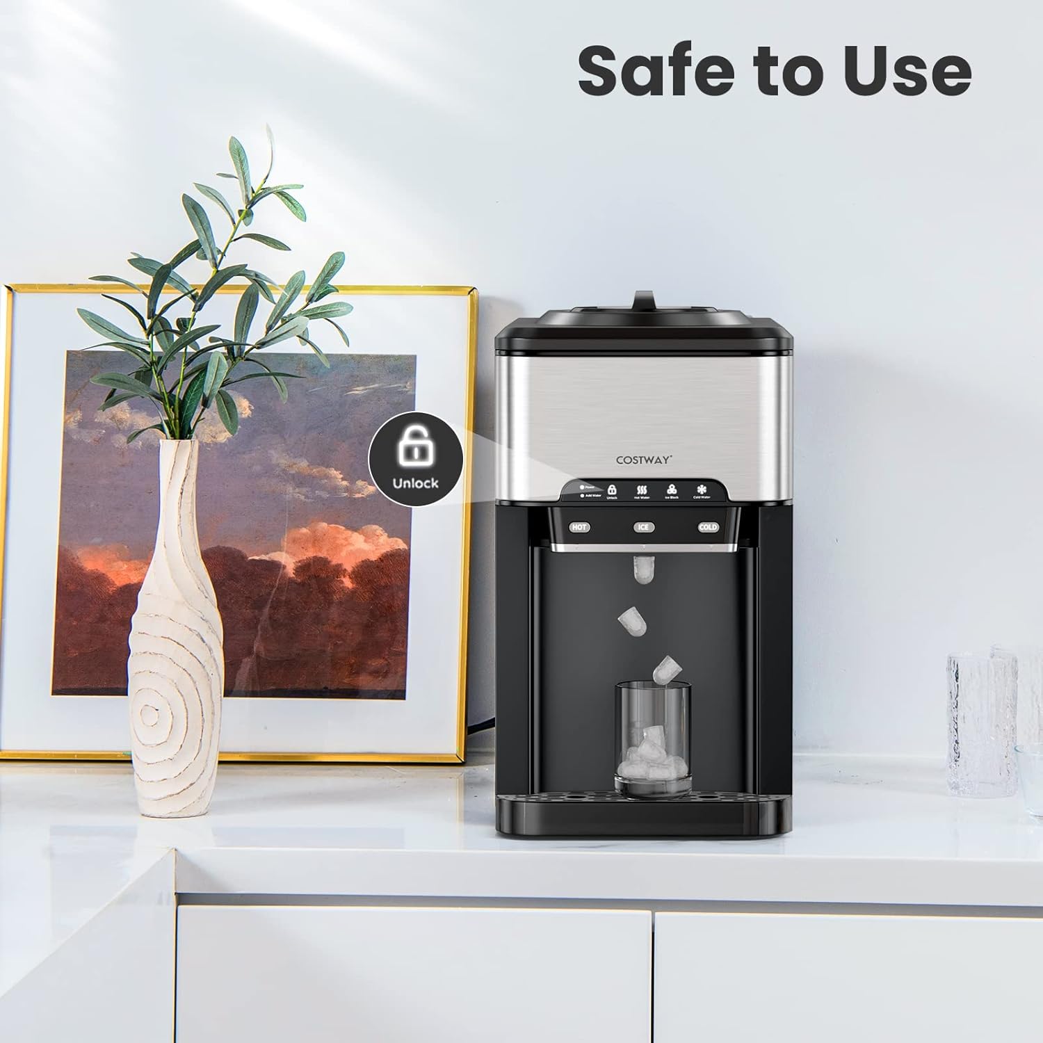 COSTWAY Water Dispenser with Ice Maker, 3-in-1 Countertop Hot Cold Cooler G403