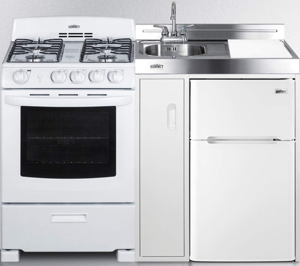 Summit Appliance ACK54GASW 54" Wide All-in-One Kitchenette with 115V 4-Burner Gas Range, Refrigerator-Freezer, Sink, Cutting Board and Cutlery Storage, and a Storage Cabinet