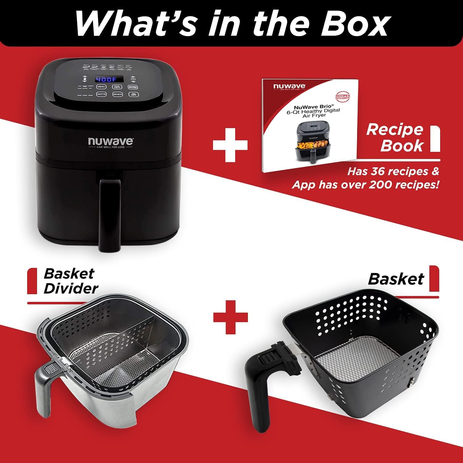 Nuwave Brio 6-Quart Digital Air Fryer with Non-Stick Baking Pan and Cooking Rack, Black G9833
