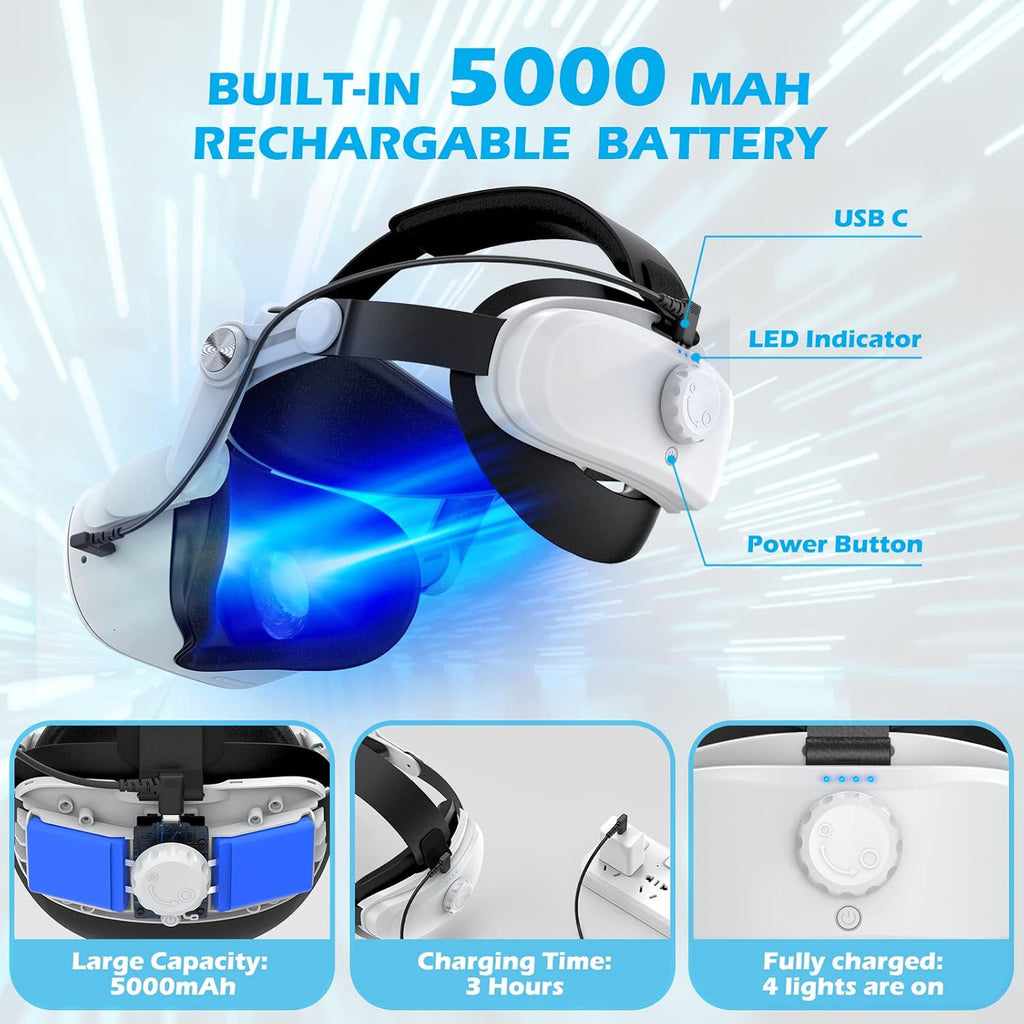 YOGES Battery Head Strap for Meta Quest 2, Adjustable Rechargeable VR Headset Accessory X30182