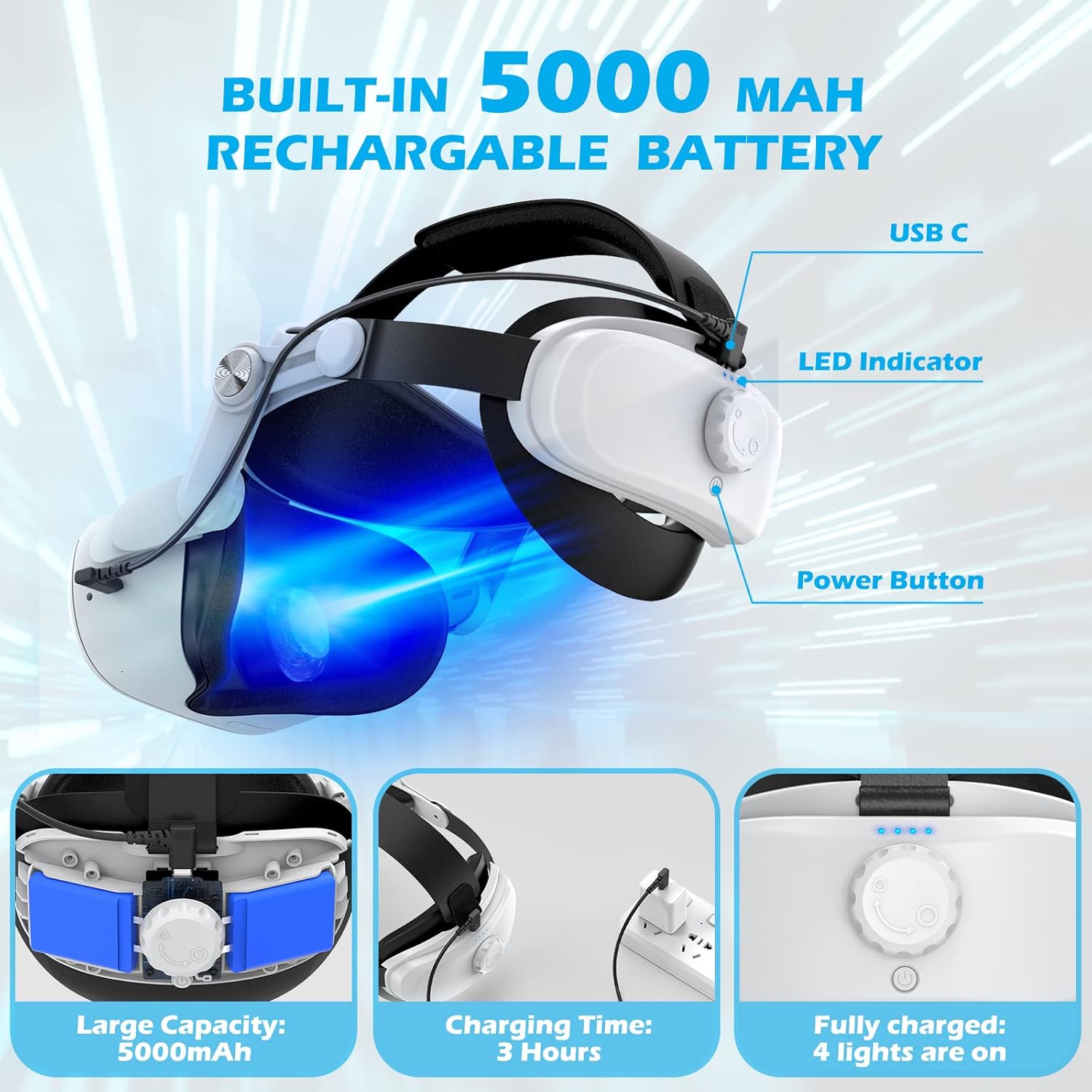 YOGES Battery Head Strap for Meta Quest 2, Adjustable Rechargeable VR Headset Accessory X30182